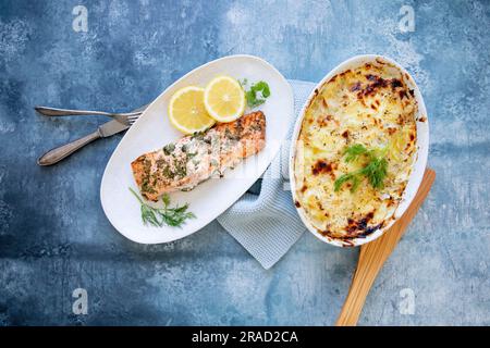 Salmon with potato gratin Stock Photo
