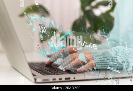 Chatbot Chat AI concept, Artificial Intelligence. Businessman using technology smart AI robot, enter command prompt, analyze data for business Stock Photo