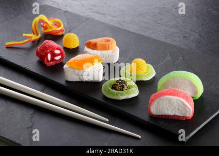 Colourful fruit jelly in the shape of sushi Stock Photo
