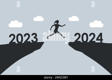 Woman Jumping Over A Cliff From 2023 To 2024 On Sunny Blue Background ...