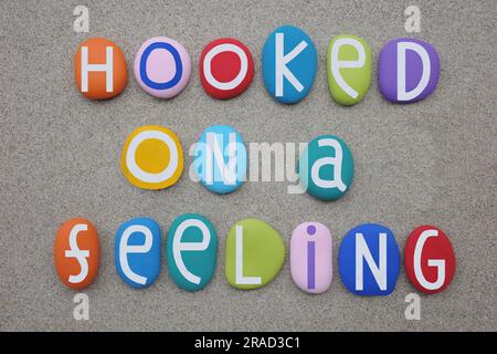 Hooked on a feeling, creative love message composed with multi colored stone letters over beach sand Stock Photo