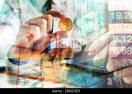 Cryptocurrency finance and trading concept, businessman with bitcoin and dollar money banknotes, digital composite image Stock Photo