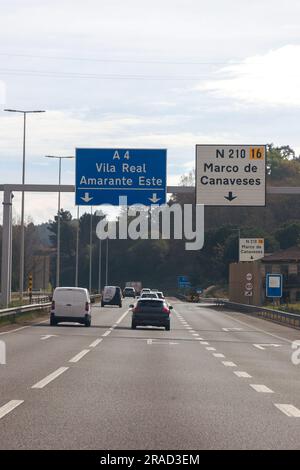 Image of section of the A4 motorway, transmontana motorway, Porto, Vila Real, Portugal. Information board, directions. Beautiful day with high clouds. Stock Photo