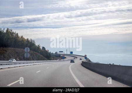 Image of section of the A4 motorway, transmontana motorway, Porto, Vila Real, Portugal. Beautiful day with high clouds. Stock Photo