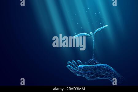 Digital Human Hand Holds the Plant in Palms. Stock Vector