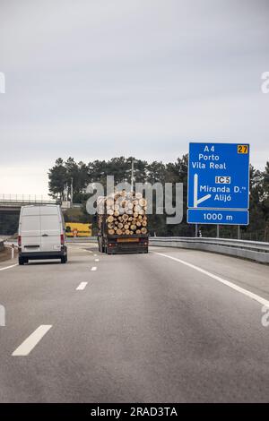 Image of section of the A4 motorway, transmontana motorway, Porto, Vila Real, Portugal. Information board, directions. Beautiful day with high clouds. Stock Photo