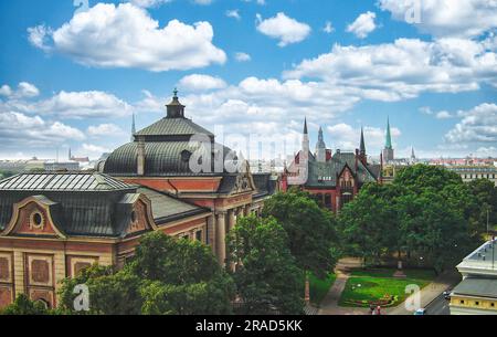 Riga, Latvia - Circa July, 2007: Latvian National Museum of Art at the sunny summer day under blue cloudy sky. View from roof of the other building. Stock Photo