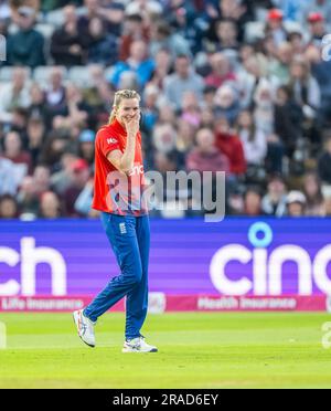 England's Lauren Bell bowling during the fourth women's IT20 at Old