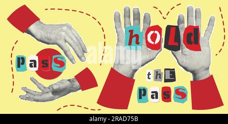 Set of hands, pointer with finger, fists. Halftone style. Collection collage design elements Trendy dotted pop art Vintage grunge punk cutout shapes Stock Vector
