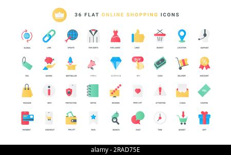 Coupon for gifts and discounts tag, money savings protection and support, piggy bank for payment, info search for wish list. Online shop, commerce trendy flat icons set vector illustration Stock Vector