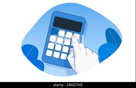 Hand makes calculations using calculator. Simple outline style. Vector illustration Stock Vector