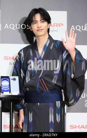 Tokyo, Japan. 3rd July, 2023. Japanese actor Jun Shison attends a promotional event of Japanese electronics giant Sharp's smart phones 'Aquos R8' and 'Aquos R8 Pro' in Tokyo on Monday, June 3, 2023. Aquos R8 Pro has a 19mm/F1.9 lens with a One-inch CMOS image sensor and a 1 billion-color 6.6-inch OLED display. (photo by Yoshio Tsunoda/AFLO) Stock Photo