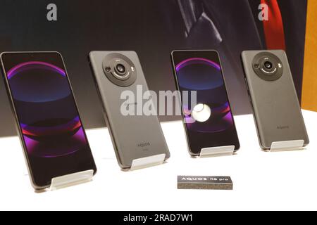 Tokyo, Japan. 3rd July, 2023. Japanese electronics giant Sharp displays the new smart phone 'Aquos R8 Pro' in Tokyo on Monday, June 3, 2023. Aquos R8 Pro has a 19mm/F1.9 lens with a One-inch CMOS image sensor and a 1 billion-color 6.6-inch OLED display. (photo by Yoshio Tsunoda/AFLO) Stock Photo