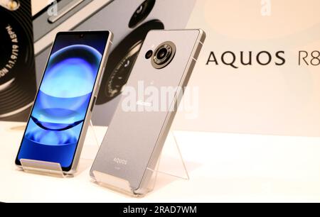 Tokyo, Japan. 3rd July, 2023. Japanese electronics giant Sharp displays the new smart phone 'Aquos R8' in Tokyo on Monday, June 3, 2023. Aquos R8 Pro has a 19mm/F1.9 lens with a One-inch CMOS image sensor and a 1 billion-color 6.6-inch OLED display. (photo by Yoshio Tsunoda/AFLO) Stock Photo