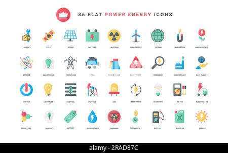 Solar panel and wind mill, nuclear and water power plant, electric car, eco mindset to save planet. Innovation researches in energy and power production trendy flat icons set vector illustration Stock Vector