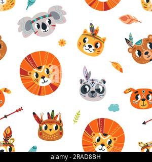 Tribal animals seamless pattern. Animal boho style faces background. Woodland indian characters, child fabric print design. Classy vector texture Stock Vector
