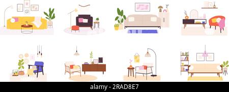 Scandinavian living room interiors with furniture, chairs and tables. Minimalist design, home interior decor. Style apartment racy vector scenes Stock Vector