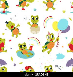 Turtle seamless pattern. Green comic turtles fabric print. Decorative printable template with cute animals. Children animal characters classy vector Stock Vector