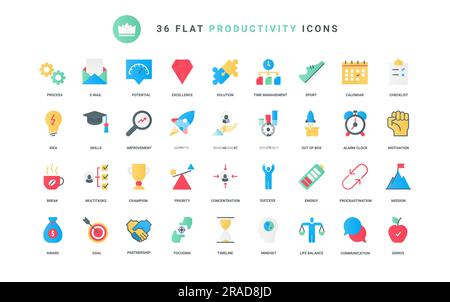 Competitive solution, willpower of potential proactive leader, time management. Business productivity, personal motivation and career growth trendy flat icons set vector illustration Stock Vector