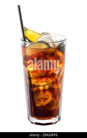 Cuba libre cocktail consisting of rum cola ice cubes and lemon slices in glass with straw isolated on white background Stock Photo