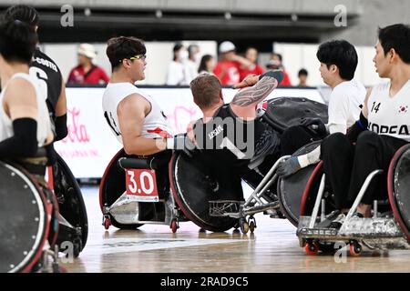 (L-R) Young jun An (KOR),  Cameron Leslie (NZL), JULY 2, 2023 - Wheelchair Rugby :  Mitsui Fudosan 2023 World Wheelchair Rugby Asia-Oceania Championship  3rd place match between New Zealand - South Korea  at Tokyo Gymnasium in Tokyo, Japan.  (Photo by MATSUO.K/AFLO SPORT) Stock Photo