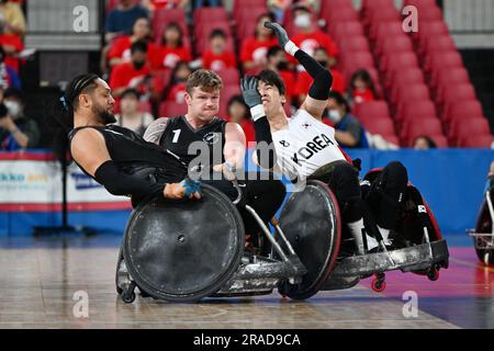 (L-R) Hayden Barton-Cootes (NZL),  Cameron Leslie (NZL),  Dong sung Kim (KOR),  JULY 2, 2023 - Wheelchair Rugby :  Mitsui Fudosan 2023 World Wheelchair Rugby Asia-Oceania Championship  3rd place match between New Zealand - South Korea  at Tokyo Gymnasium in Tokyo, Japan.  (Photo by MATSUO.K/AFLO SPORT) Stock Photo