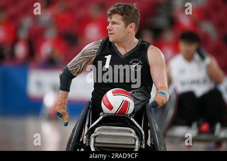 Cameron Leslie (NZL), JULY 2, 2023 - Wheelchair Rugby :  Mitsui Fudosan 2023 World Wheelchair Rugby Asia-Oceania Championship  3rd place match between New Zealand - South Korea  at Tokyo Gymnasium in Tokyo, Japan.  (Photo by MATSUO.K/AFLO SPORT) Stock Photo