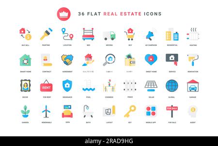 Houses purchase, mortgage agreement and insurance shield, advertising and search of family villa and home apartments for rent and sales. Real estate trendy flat icons set vector illustration Stock Vector
