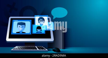 Online training, video conference and remote education concept. Computer with video call. Landing page Stock Vector