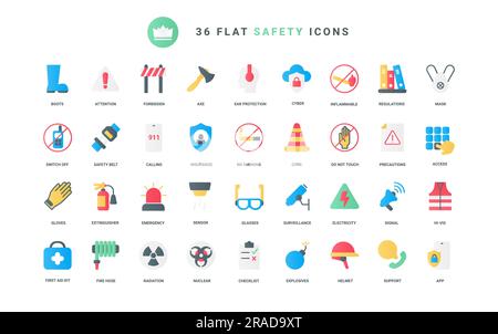 Warning attention signs about risk of accident, first aid kit and emergency, extinguisher for home fire, surveillance support. Life safety, insurance trendy flat icons set vector illustration Stock Vector