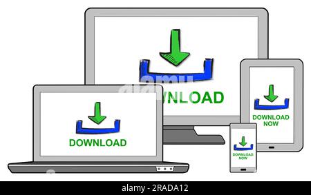 Download concept shown on different information technology devices Stock Photo