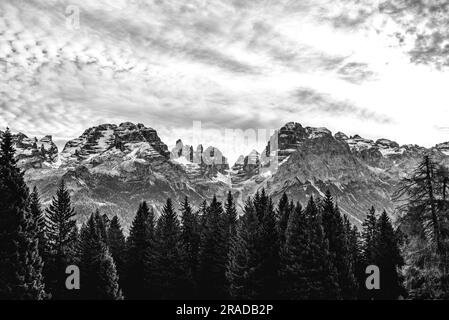 View of the Brenta Dolomites in black and white Stock Photo