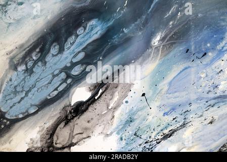 Canvas texture with a painted layer of plaster and paint: blue, white, black abstract background with cracks, scuffs and smudges. Stock Photo