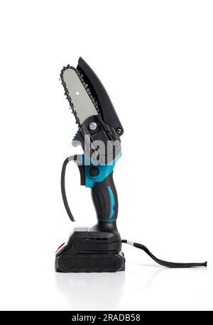 mini portable electric chain saw isolated on white Stock Photo