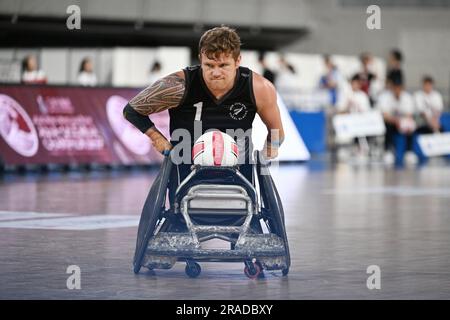 Tokyo, Japan. Credit: MATSUO. 2nd July, 2023. Cameron Leslie (NZL) Wheelchair Rugby : Mitsui Fudosan 2023 World Wheelchair Rugby Asia-Oceania Championship 3rd place match between New Zealand - South Korea at Tokyo Gymnasium in Tokyo, Japan. Credit: MATSUO .K/AFLO SPORT/Alamy Live News Stock Photo