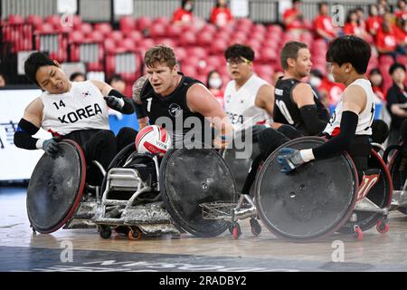 Tokyo, Japan. Credit: MATSUO. 2nd July, 2023. Young hoon Kim (KOR), Cameron Leslie (NZL) Wheelchair Rugby : Mitsui Fudosan 2023 World Wheelchair Rugby Asia-Oceania Championship 3rd place match between New Zealand - South Korea at Tokyo Gymnasium in Tokyo, Japan. Credit: MATSUO .K/AFLO SPORT/Alamy Live News Stock Photo