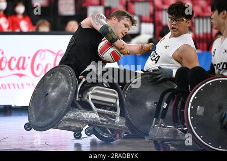 Tokyo, Japan. Credit: MATSUO. 2nd July, 2023. (L-R) Cameron Leslie (NZL), Young jun An (KOR) Wheelchair Rugby : Mitsui Fudosan 2023 World Wheelchair Rugby Asia-Oceania Championship 3rd place match between New Zealand - South Korea at Tokyo Gymnasium in Tokyo, Japan. Credit: MATSUO .K/AFLO SPORT/Alamy Live News Stock Photo