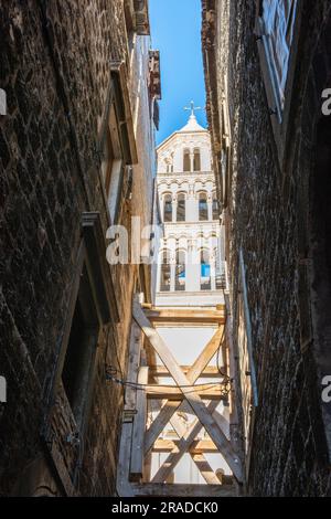 unusual view of the bell tower of st dominius cathedral in grad split croatia Stock Photo