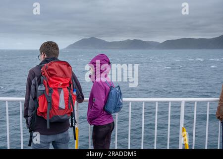 windy conditions crossing Cook Strait on the Wellington to Picton Ferry Crossing from North Island to South Island, New Zealand Stock Photo