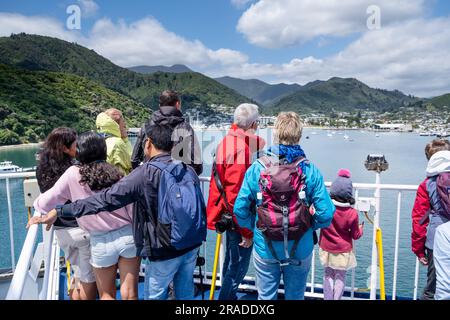 Tourist ferry arrival in Picton on the Wellington to Picton Cook Strait Ferry Crossing from North Island to South Island, New Zealand Stock Photo