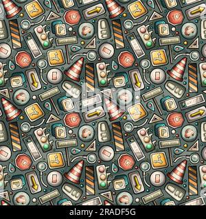 Cartoon cute doodles Automotive seamless pattern. Colorful detailed, with lots of objects background. Backdrop with car parts symbols and items Stock Vector