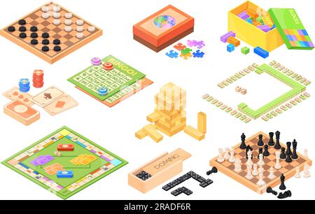 Isometric board games. Various boardgames collection, miniature strategy table game for family fun playing checker chess bingo money card mahjong dice, set neat vector illustration Stock Vector