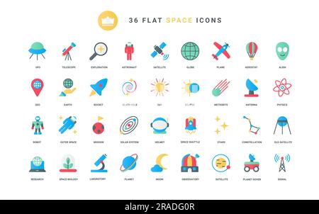Rocket and planets of solar system and galaxy, astronaut and alien, satellite and asteroid. Space discovery, spaceship and futuristic station trendy flat icons set vector illustration Stock Vector