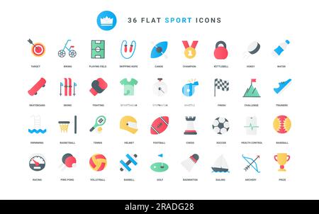 Sportswear and equipment for training boxing and skiing, trophy in challenge competition of tennis and basketball, soccer and volleyball. Sport trendy flat icons set vector illustration Stock Vector