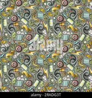 Cartoon cute doodles Electric vehicle seamless pattern. Colorful detailed, with lots of objects background. Backdrop with eco cars symbols and items Stock Vector