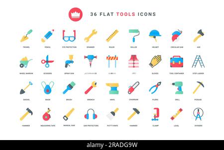 Maintenance and repair service, building and carpentry equipment, toolkit and instrument of worker, safety helmet and hardware. Handymans tools trendy flat icons set vector illustration Stock Vector
