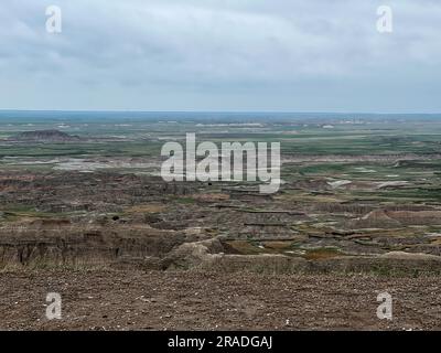 A View of the mountains of Badlands National Park in Wall, SD on a cloudy day. Stock Photo