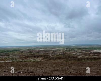 A View of the mountains of Badlands National Park in Wall, SD on a cloudy day. Stock Photo