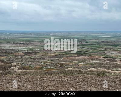 A View of the mountains of Badlands National Park in Wall, SD on a cloudy day. Stock Photo