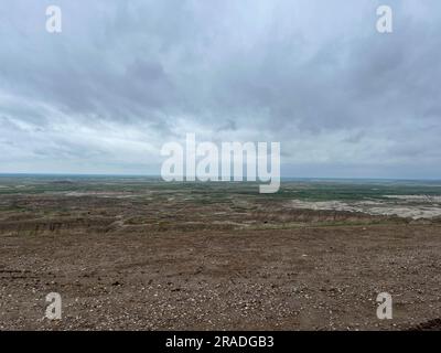 A View of the mountains of Badlands National Park in Wall, SD on a cloudy day. Stock Photo